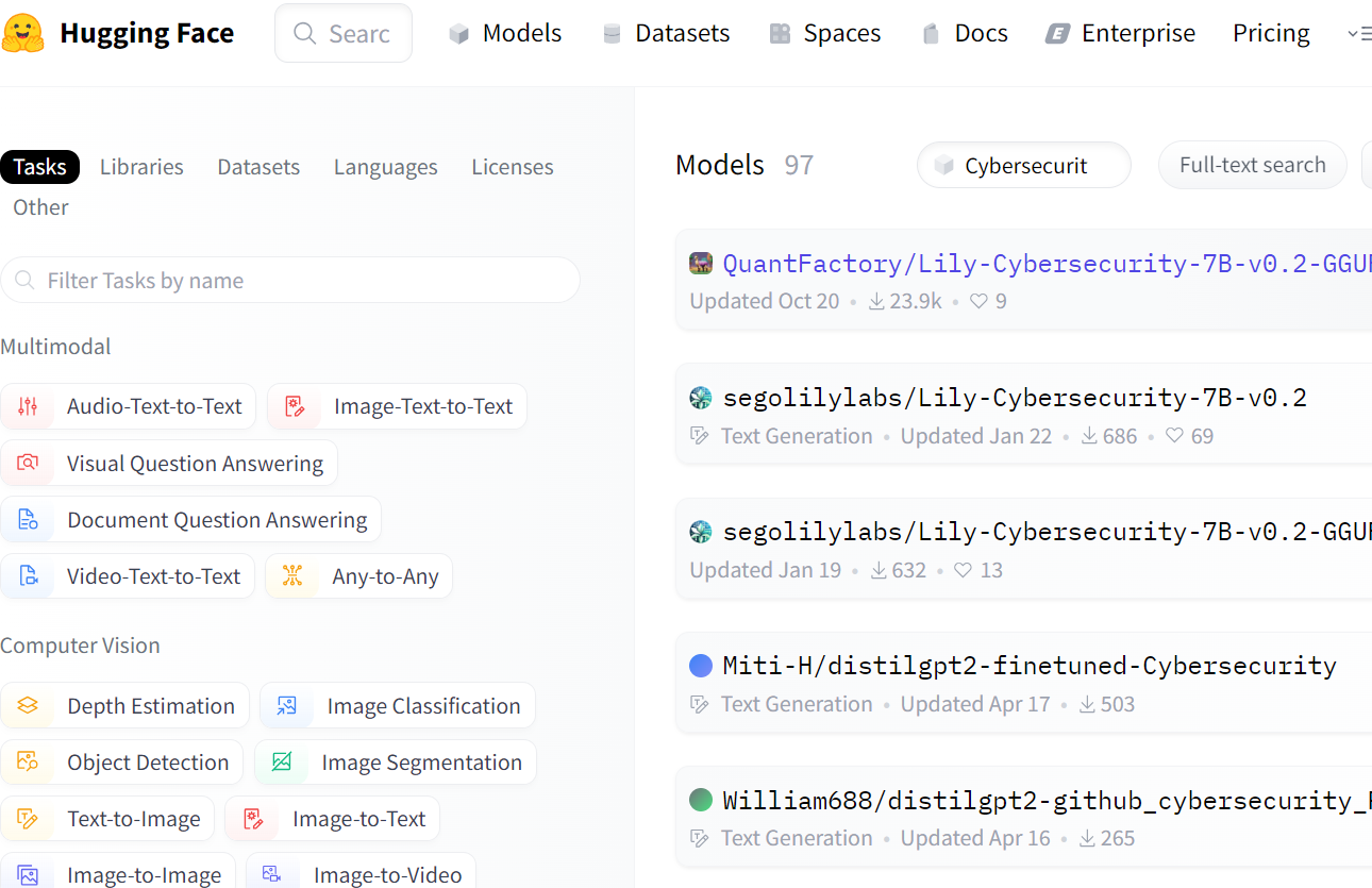 Hugging Face cybersecurity model search